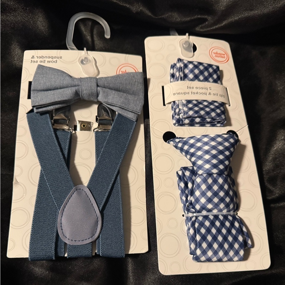 Boys Stretch Suspenders and Bow Tie Set, & Necktie and Pocket Square Set 2-Piece